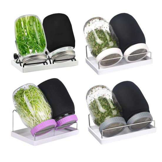 32Oz Sprouting Jar Kit 2 Wide Mouth Mason Jars with Stainless Steel Screen Lids Blackout Sleeves Stand Drip Tray Mason Jar Sprouting Set for Growing