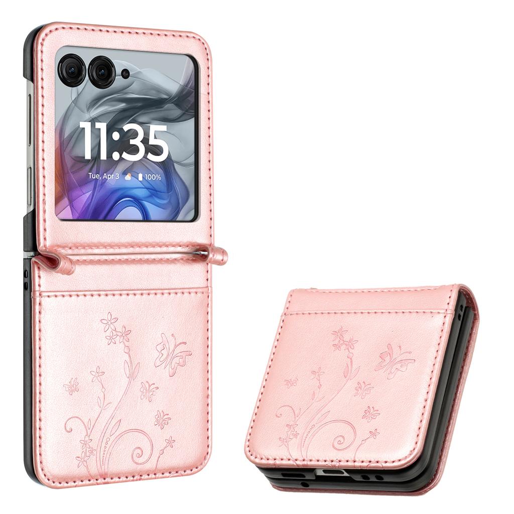 For Motorola Razr 60/50 5G Leather Case Butterfly Flower Imprinted Phone Cover with Strap