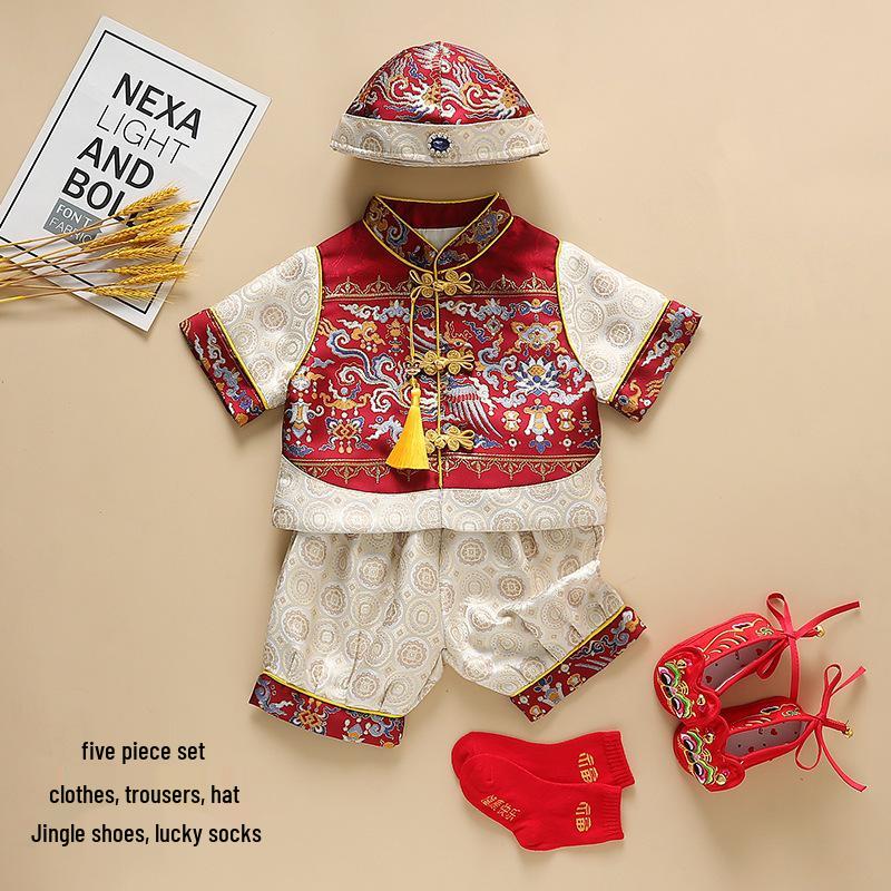 Summer Baby Boy Birthday Tang Suit with Crown for Zhou Ceremony