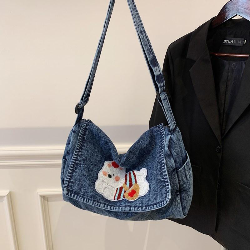 Vintage Shoulder Bag Lightweight Commuter Bag Cartoon Denim Women's Bag