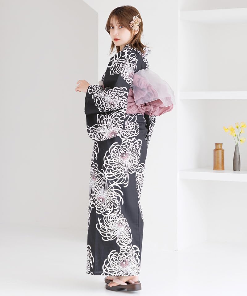 Yukata Heiko Japanese 5 Piece Rangiku Examination on a Moonlit Night [Dita] Women's Set, Easy, Obi, Retro, Black, Blue, Navy, Simple, Style, Set, 1.