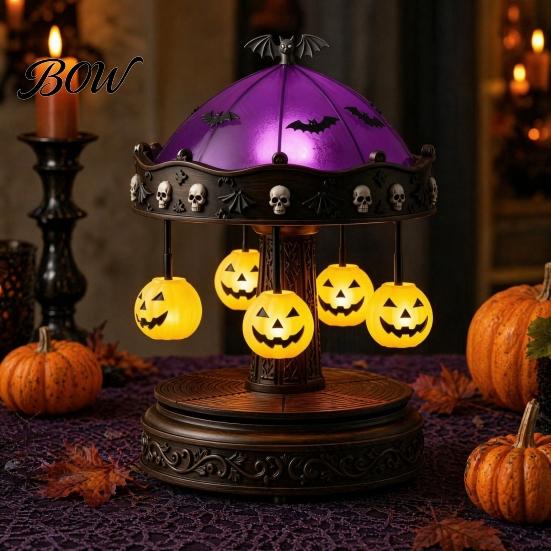 Victorian Gothic Nightlight Ghost Carousel Light, Halloween Night Stained Glass Shade Haunted House Props with Floating Ghosts/Pumpkins, Spooky Table