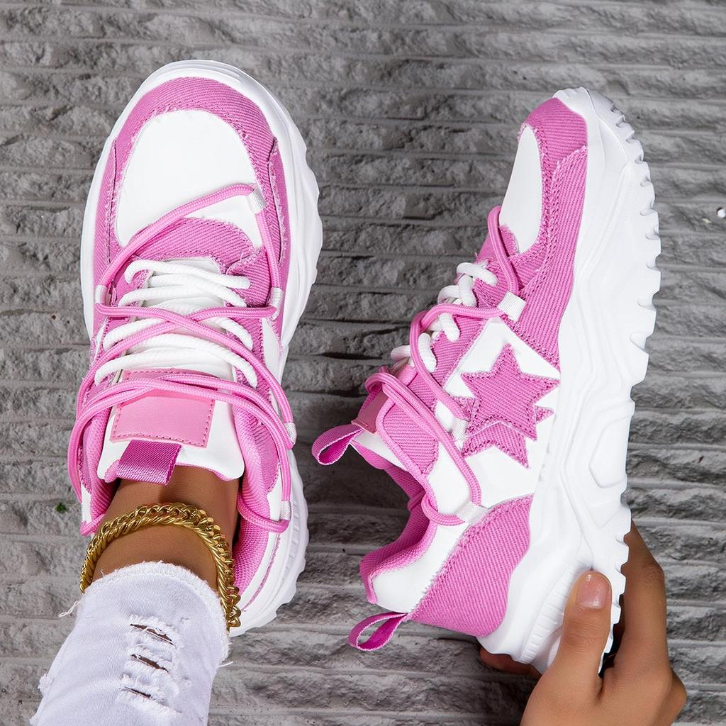 MCTIN Couples Chunky Sneakers Casual Lace Up Platform Shoes for Women Star Decor Men Sports Shoes