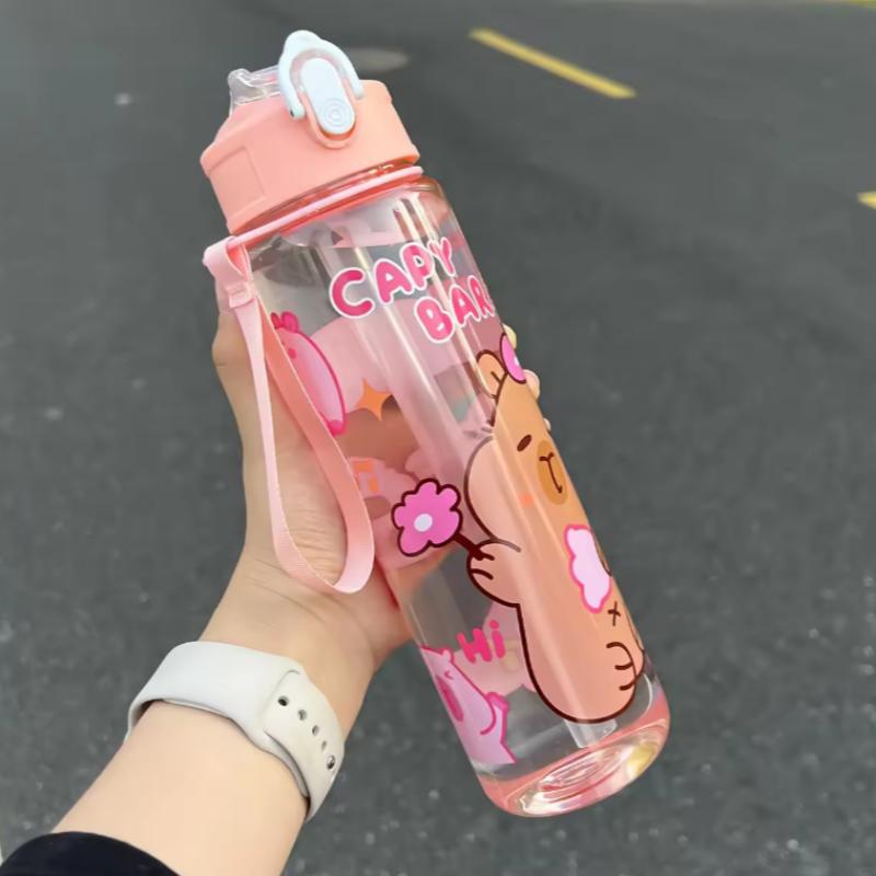700ml Capybara Cute Water Bottle Large Capacity Sports Water Bottle with Straw & Handle Kawaii Water Cup for Outdoor Activities