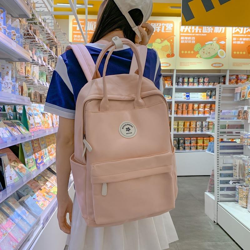 Japanese Ins Girl Backpack Korean Version of Junior High School Student Schoolbag Female Tide Large Capacity Solid Color Nylon Handbag