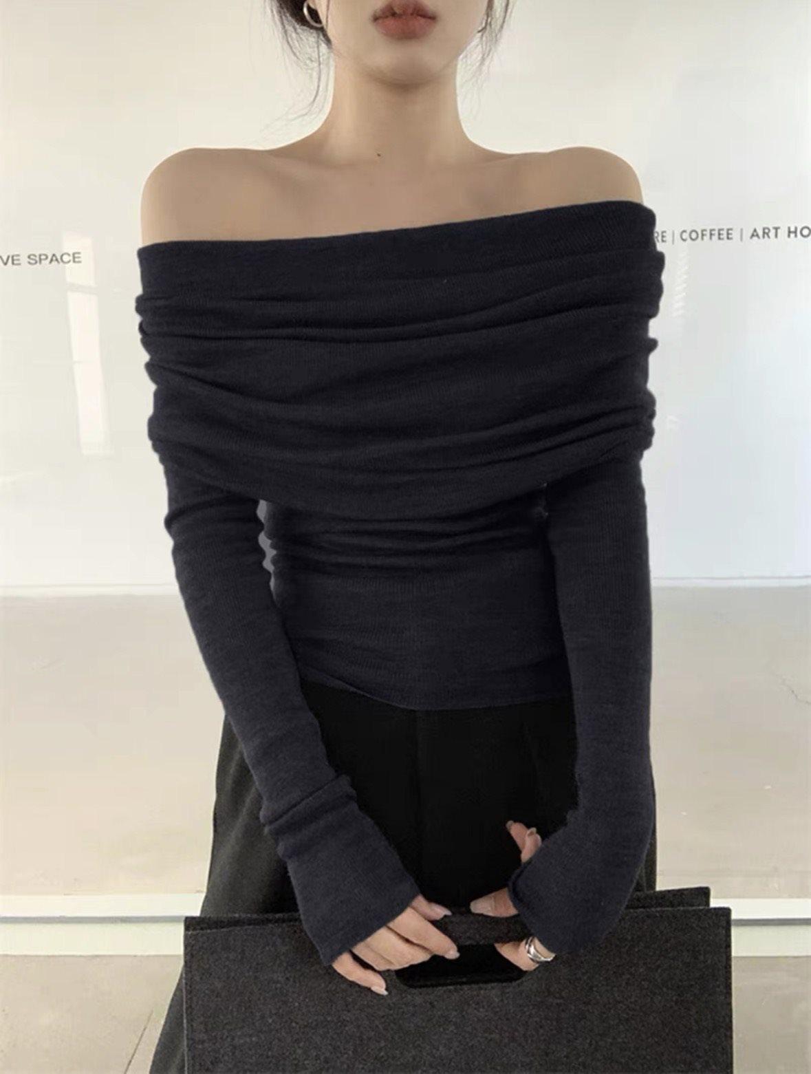 

Женский облегающий трикотажный топ с открытыми плечами во французском стиле: Плиссированный дизайн Весна/Осень One Size