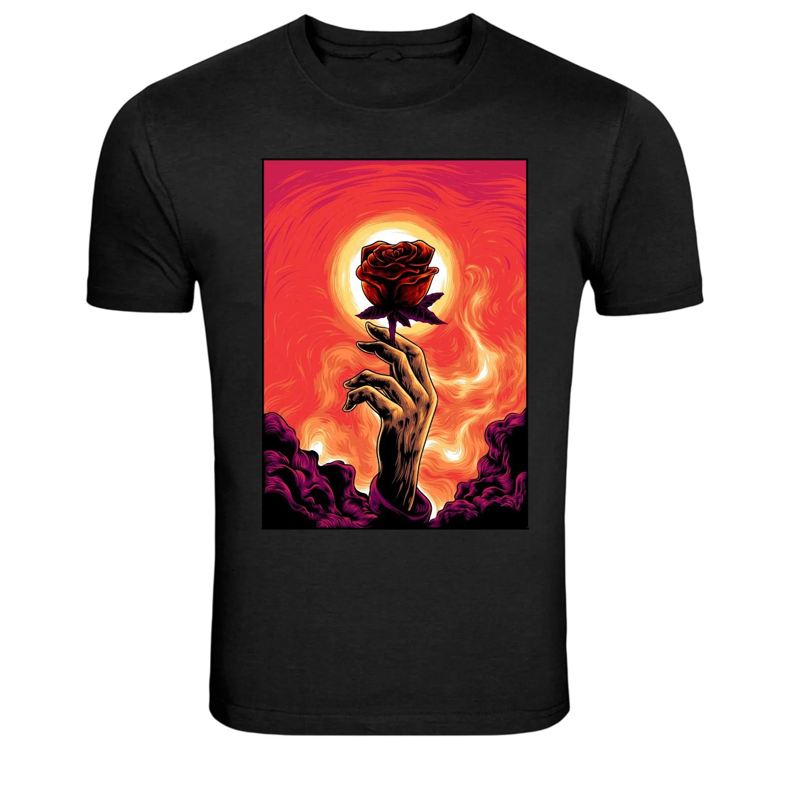 Mystic Hand Holding Red Rose Art Graphic T-Shirt S