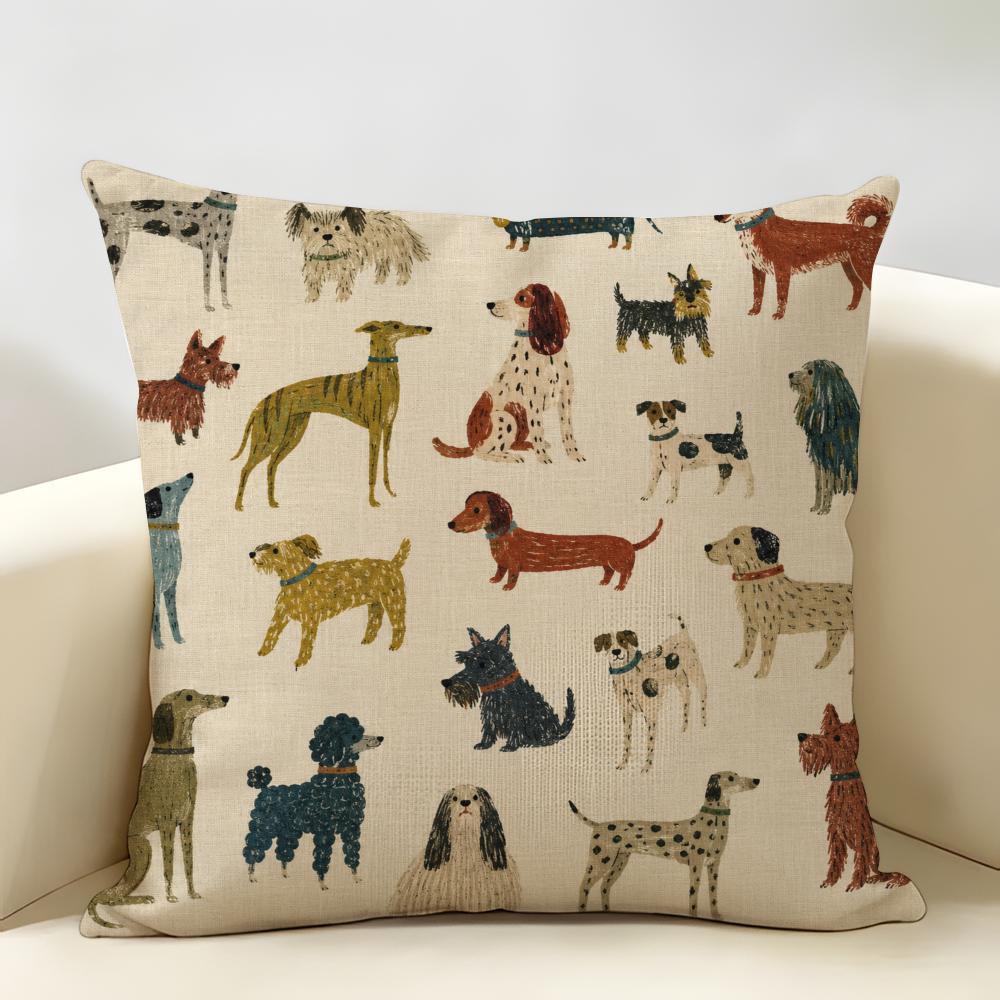 Colorful Dog Pattern Cushion Cover Durable Hypoallergenic Organic Linen Pillow Cover Short Size Washable SkinFriendly