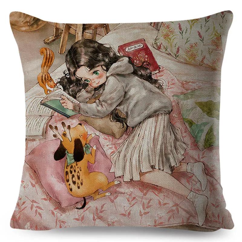 Colorful Cute Cartoon Girl and Pet Dog Fairy Tale World Pillowcase Decor for Sofa Home Pillow Case Polyester Cushion Cover