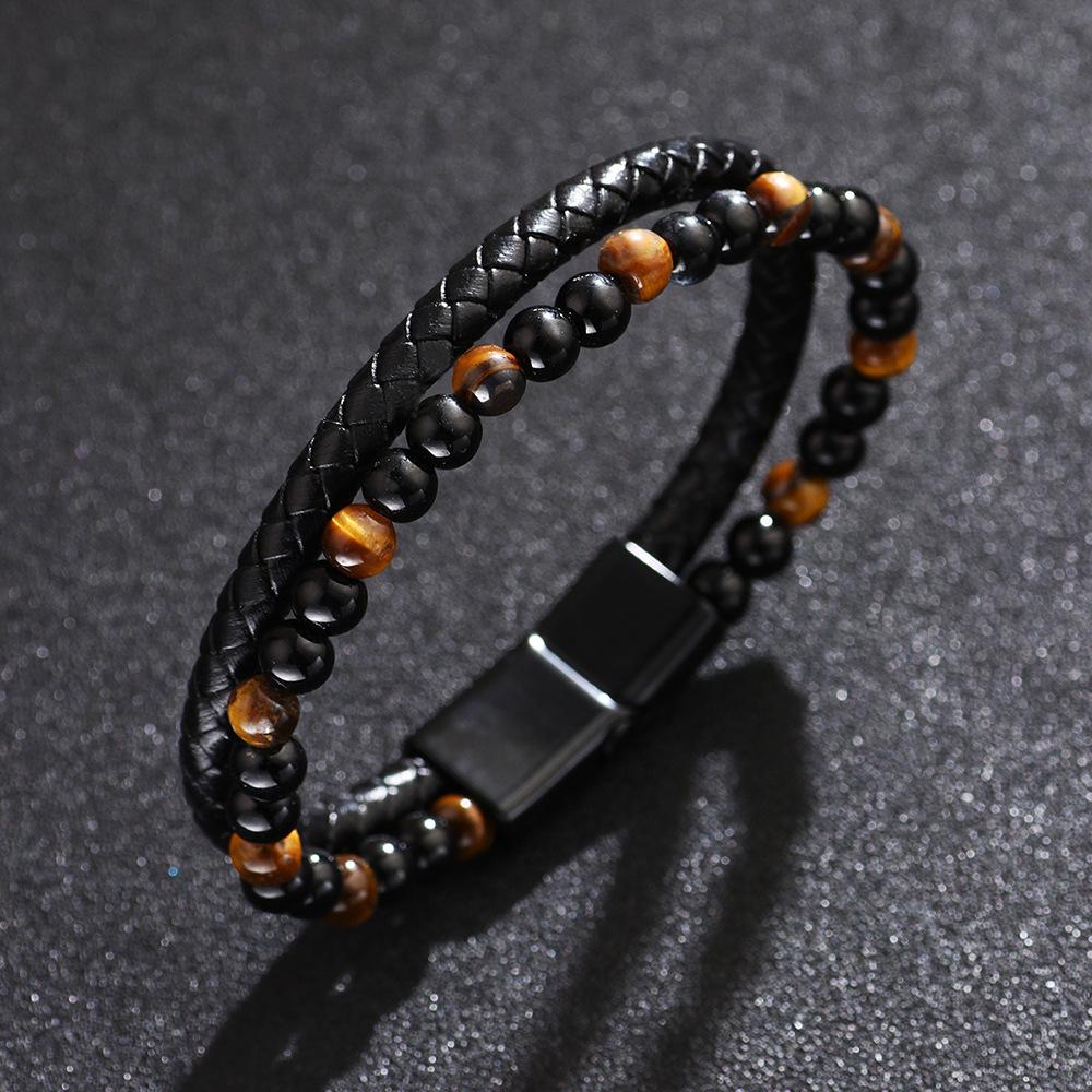 Men's Versatile High-End Natural Tiger Eye & Volcanic Stone Beaded PU Leather Bracelet
