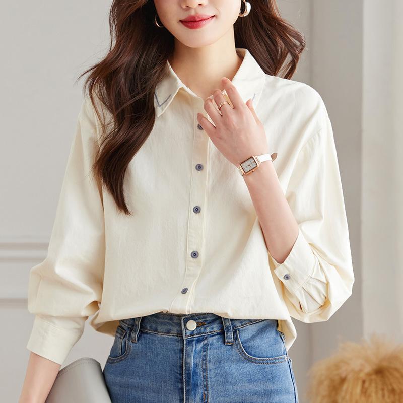 Collar Craft Embroidery Versatile Top Womens Autumn Clothing Premium Single Color Relaxed Fit Long Sleeve Top Jacket Women