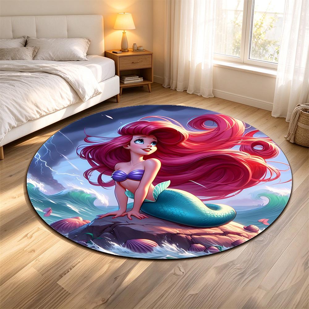 Round Rug Ariel Little Mermaid Pink Hair on Rock Stormy Lightning Sea Shells Movie Fan Bedroom Decor