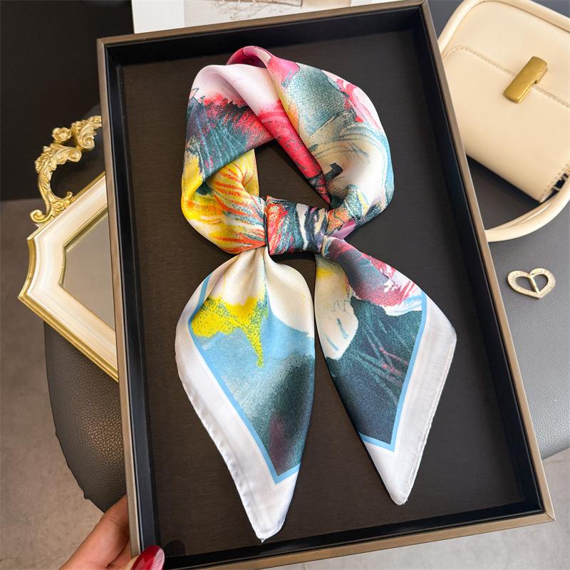 New Floral Print Shawl Square Scarf For Women Soft Satin Wraps Neckerchief Female Hair Bands Ribbon Headband Bandana
