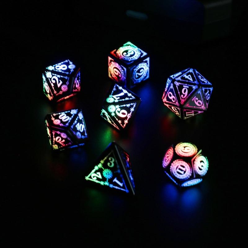 7Pcs Glowing Polyhedral Dices with Charging Box Rechargeable LED Colorful Light Electronic Dices for Role Playing Game