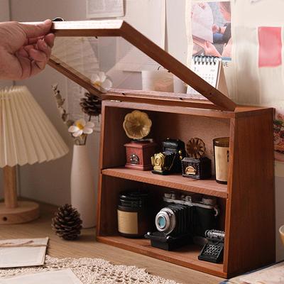 Figurine Display Case Doll Model Organizer Modern Wooden Tabletop Flip Top Cabinet Toy Showcase for
