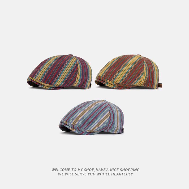 Retro Beret Women's Spring Autumn Thin Striped Forward Hat Men Sunshade Sun-Proof Painter Hat