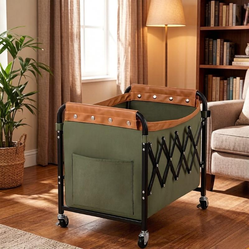 Foldable Telescopic Storage Trolley, Steel Pipe & Oxford Cloth Storage Basket, Canvas Storage Organizer