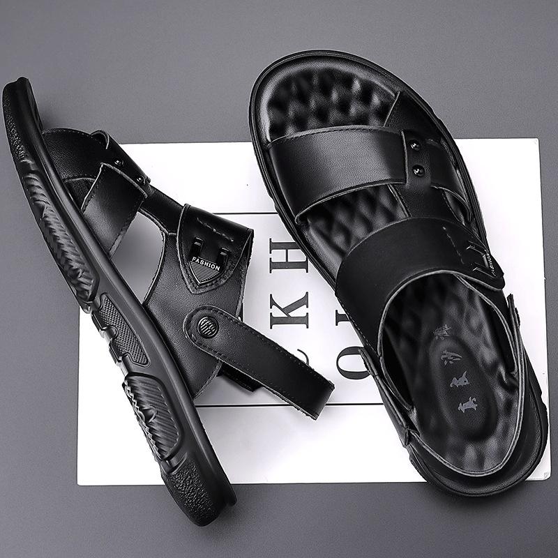 Sandals men's 2025 new first-layer cowhide men's casual beach shoes genuine leather breathable slippers thick-soled large-size shoes