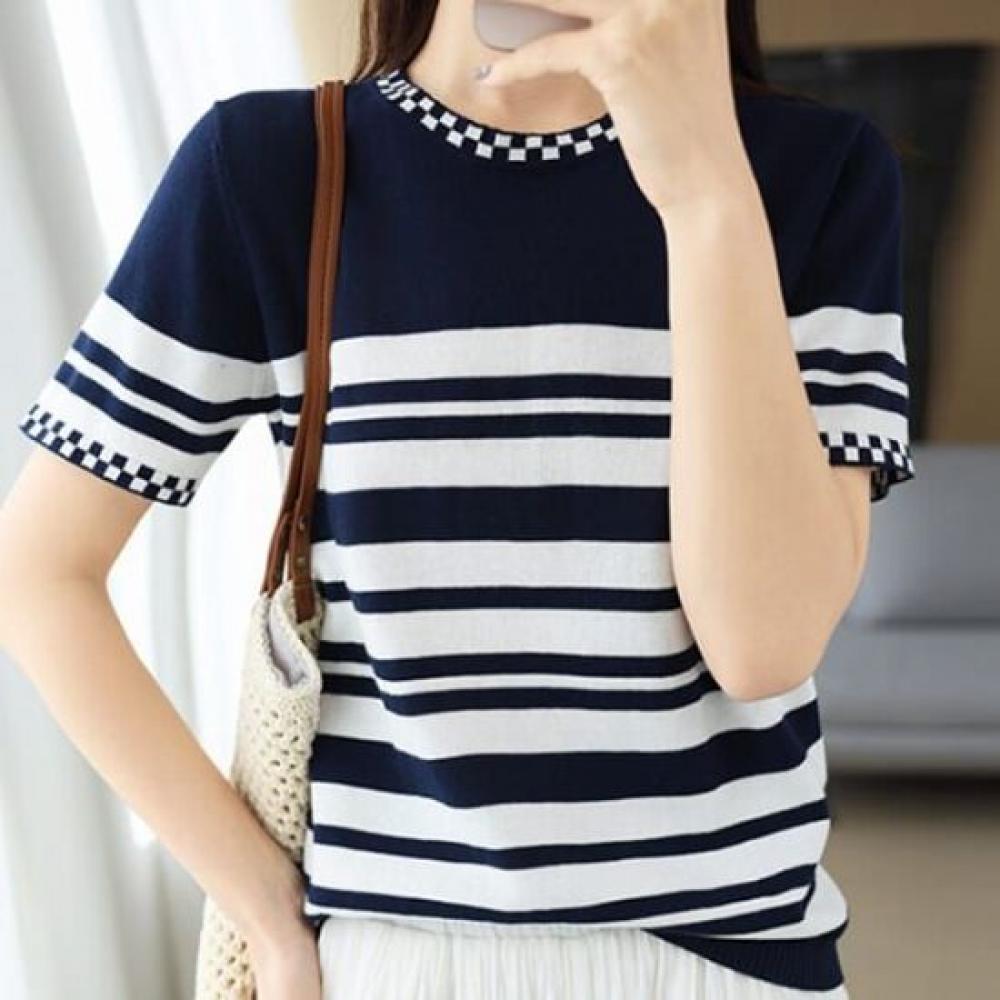 Navava Women Striped Check Point Short Sleeve Knit Tee Nk3004