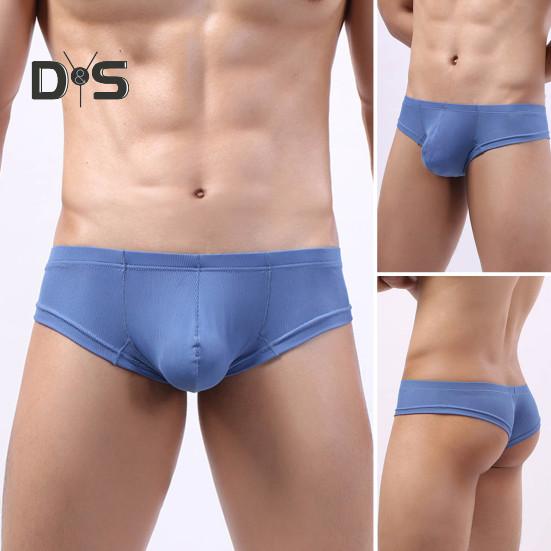 Men Summer Thong Low-rise Ice Silk Ribbed Briefs Solid Color High Elasticity Underwear Smooth Lines Underpants