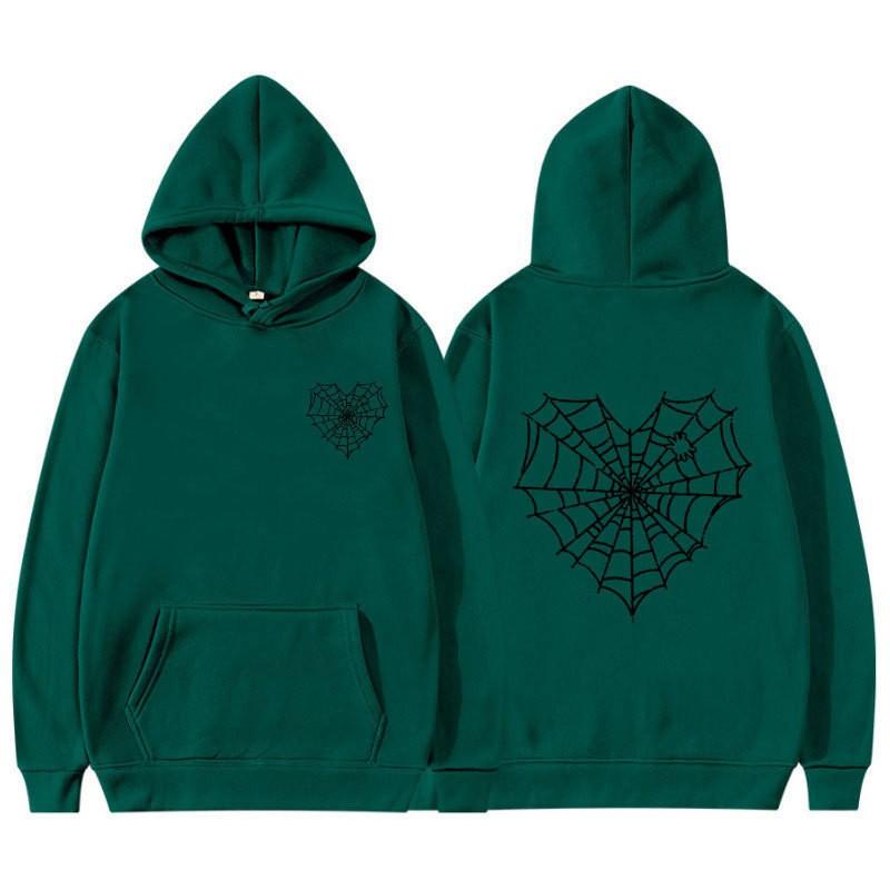 Gothic Spiderweb Print Hooded Sweatshirt Unisex Oversized Pullover With Ribbed Hem Fall