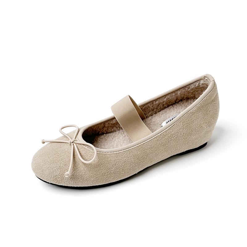 5 cm higher bow elastic band fluffy shoes women's 2025 new ballet style velvet warm round head single shoes