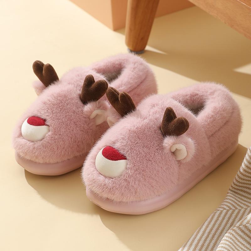 Elk Cotton Shoes Autumn and Winter Home Indoor Non-slip Warm Cartoon Children's Parent-child Cotton Shoes Christmas Couple Bag and Cotton Shoes