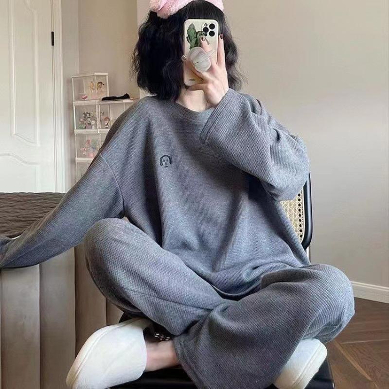 Sleepwear Loungewear Women Autumn and Winter Waffle Pajamas Ladies Long Sleeve Nightwear Homewear Two Piece Set