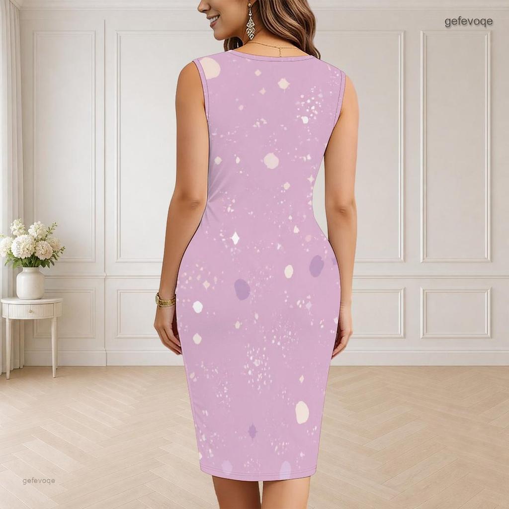 Women Plus Size V Neck Sleeveless Black Gold Printed Bodycon Midi Dress