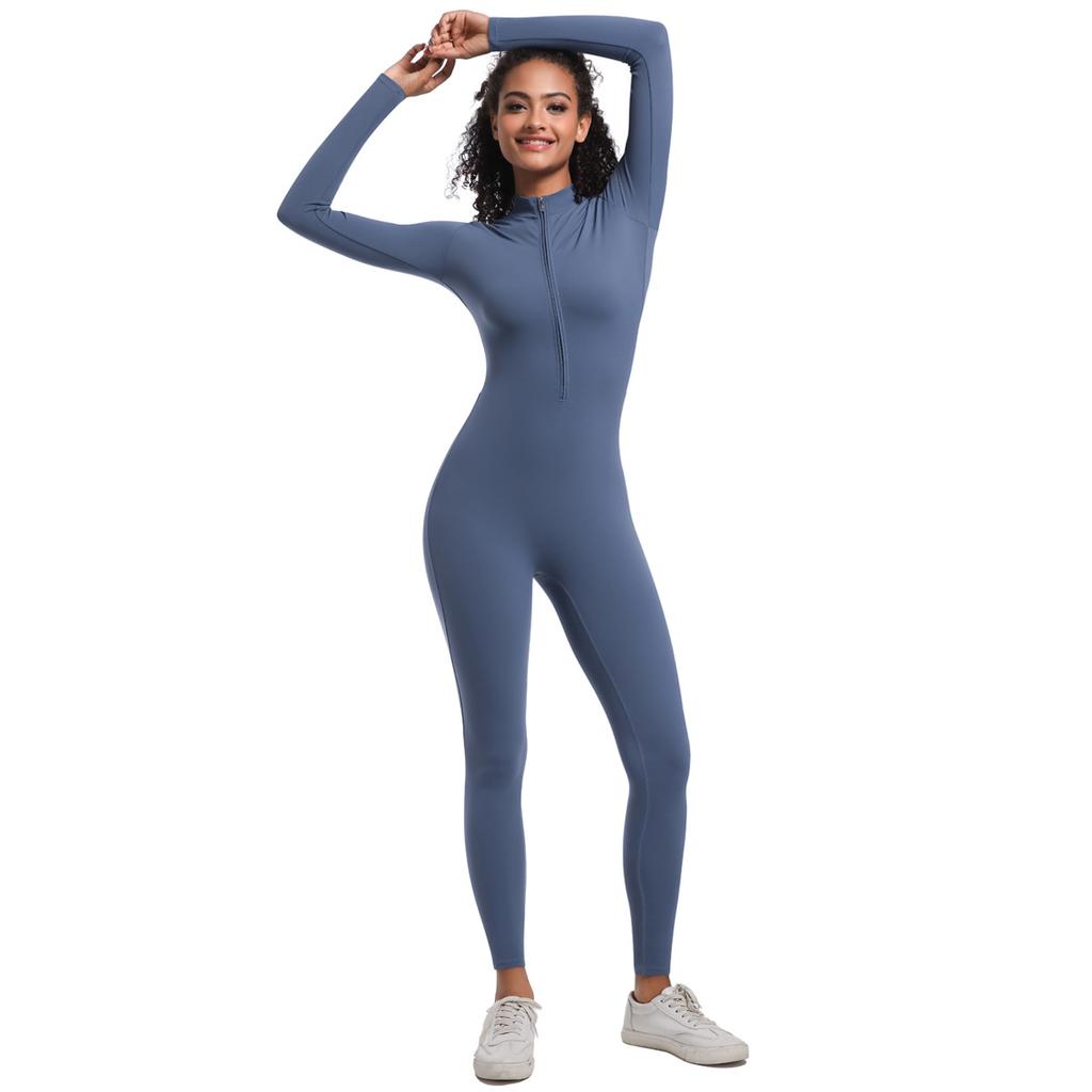 Zipper Nude Long Sleeved Jumpsuit Yoga Suit, Quick Drying And Tight, High Strength Running And Fitness Jumpsuit For Women