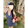 Bow Contrasting Color Plaid Neck Dress Women's Summer New Small Age-reducing Waist A-word Short Skirt
