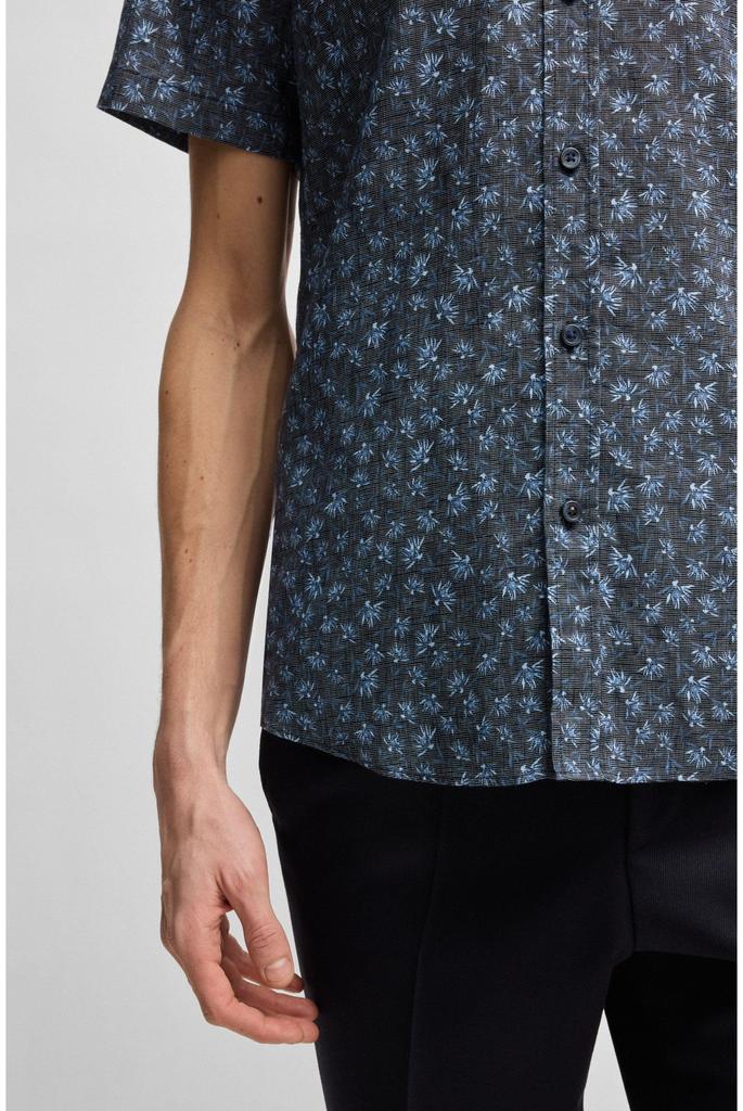 BOSS Schmal geschnittenes Blumenprint Stretch-Leinen Dunkel Größe L Herrenhemd, Blau,