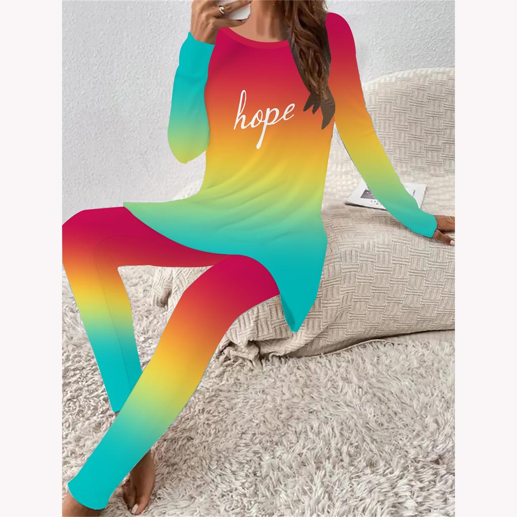 Euro-American Fashion 3D Gradient Color Print Women's  Four-season Long-sleeved T-shirt + Long Pants Two-piece Set. Perfect Gift for Valentine's Day