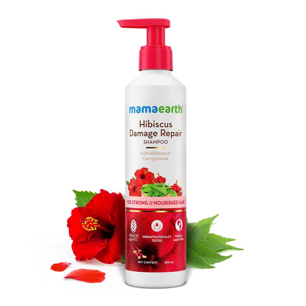 Mamaearth Hibiscus Damage Repair Shampoo For Dry & Frizzy Hair, With Curry Leaves, 250ml | Nourishes & Strengthens For Smoother, Shinier Hair