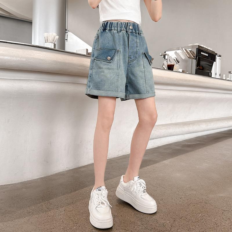 Faded Slightly Stretchy Loose-Fitting, Fashionable Girls' Denim Shorts with Faux Flap Pockets