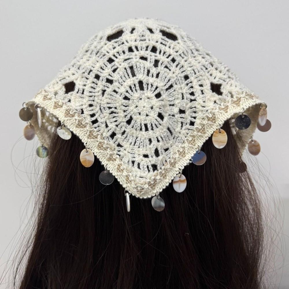 Forest Style Crochet Head Wrap Seashell Tassel Hollow Out Headscarf Vacation Wear