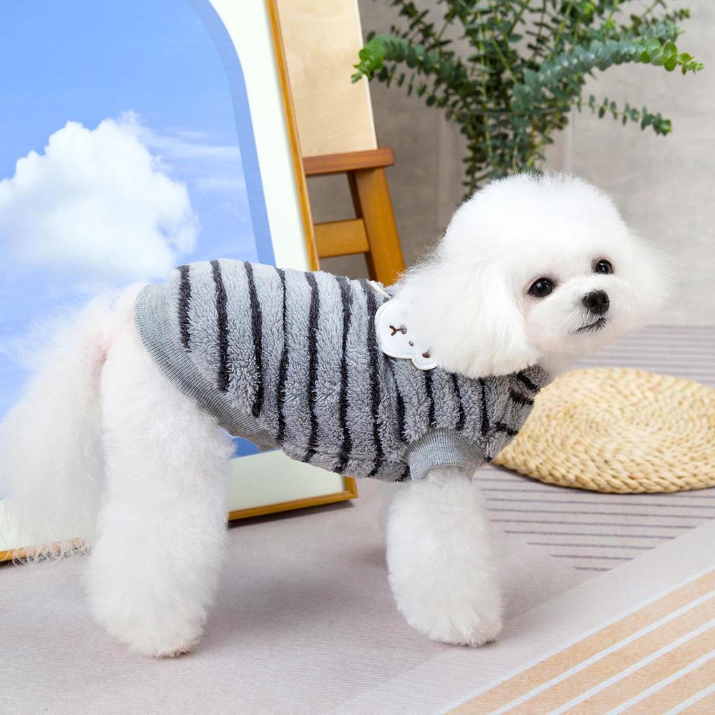 Herbst/Winter Dicke Gestreifte Samt Haustierkleidung im Koreanischen Stil für Kleine Hunde (Teddy, Zwergspitz)