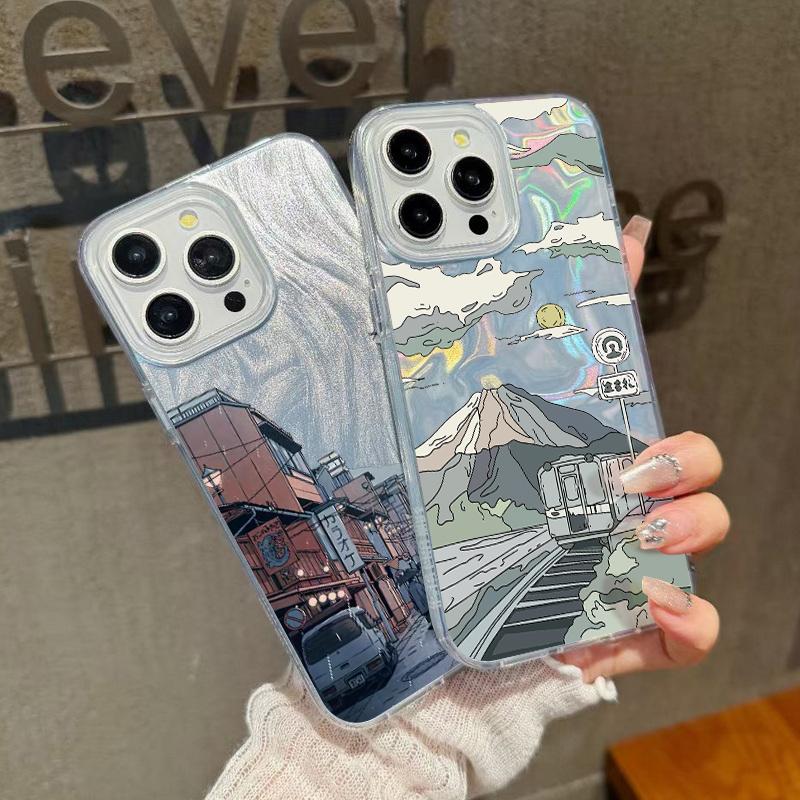Cartoon Mountain Print Glitter Phone Case For iPhone 16 15 Pro Max 14 Pro 13 12 11 Clear Shockproof Hybrid TPU PC Glossy Slim Cover