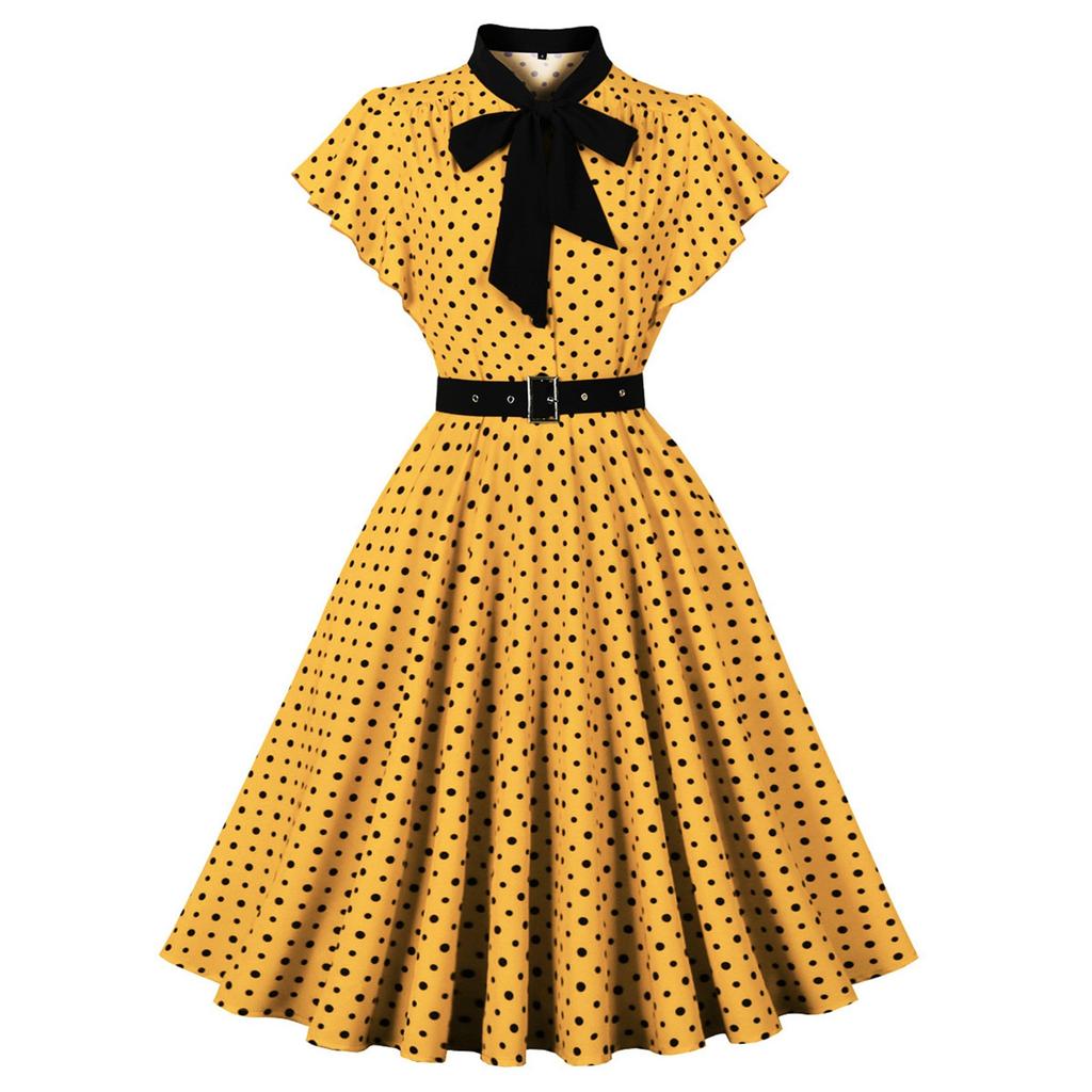 Women's Short Sleeve Round Neck Slim Knee-Length Dress Retro Polka Dot Dress