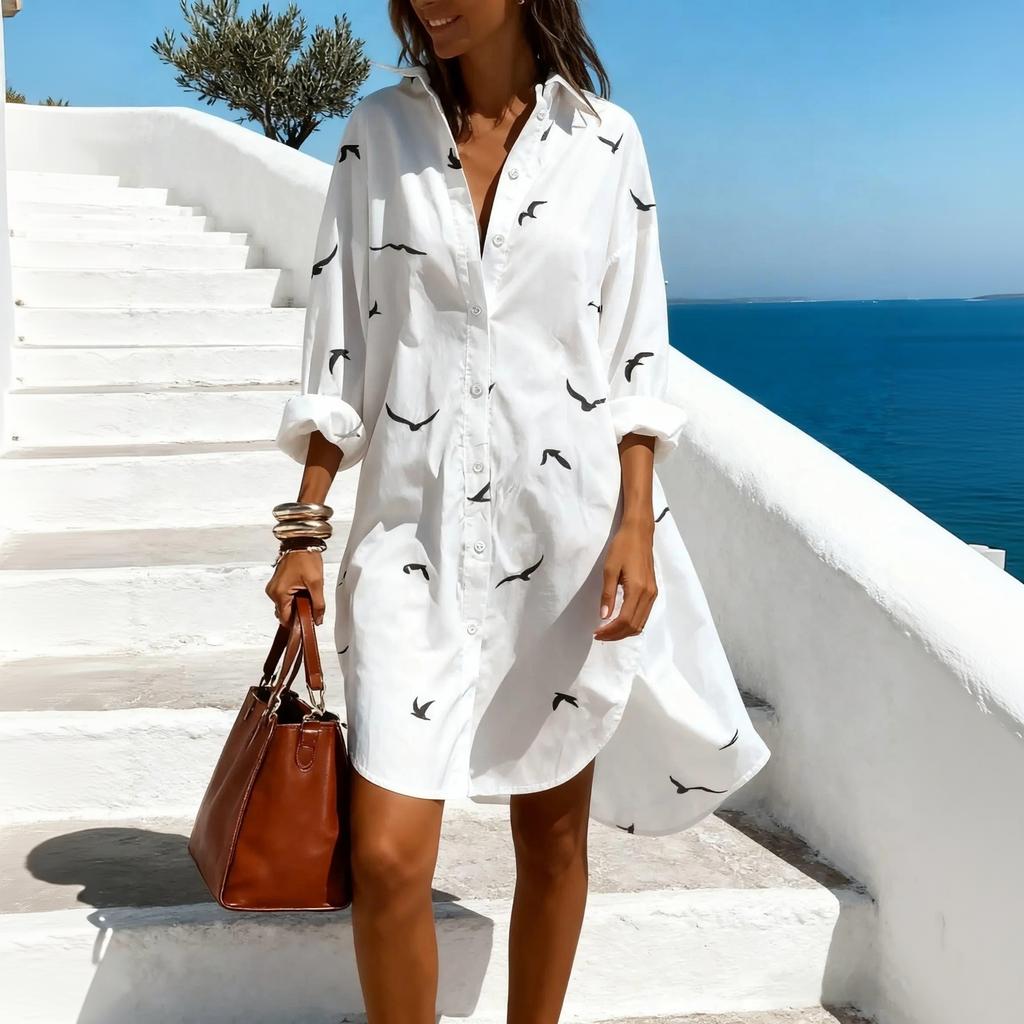 Women's Loose Fit Midi Shirt Dress with Notched Collar for Casual Fashion