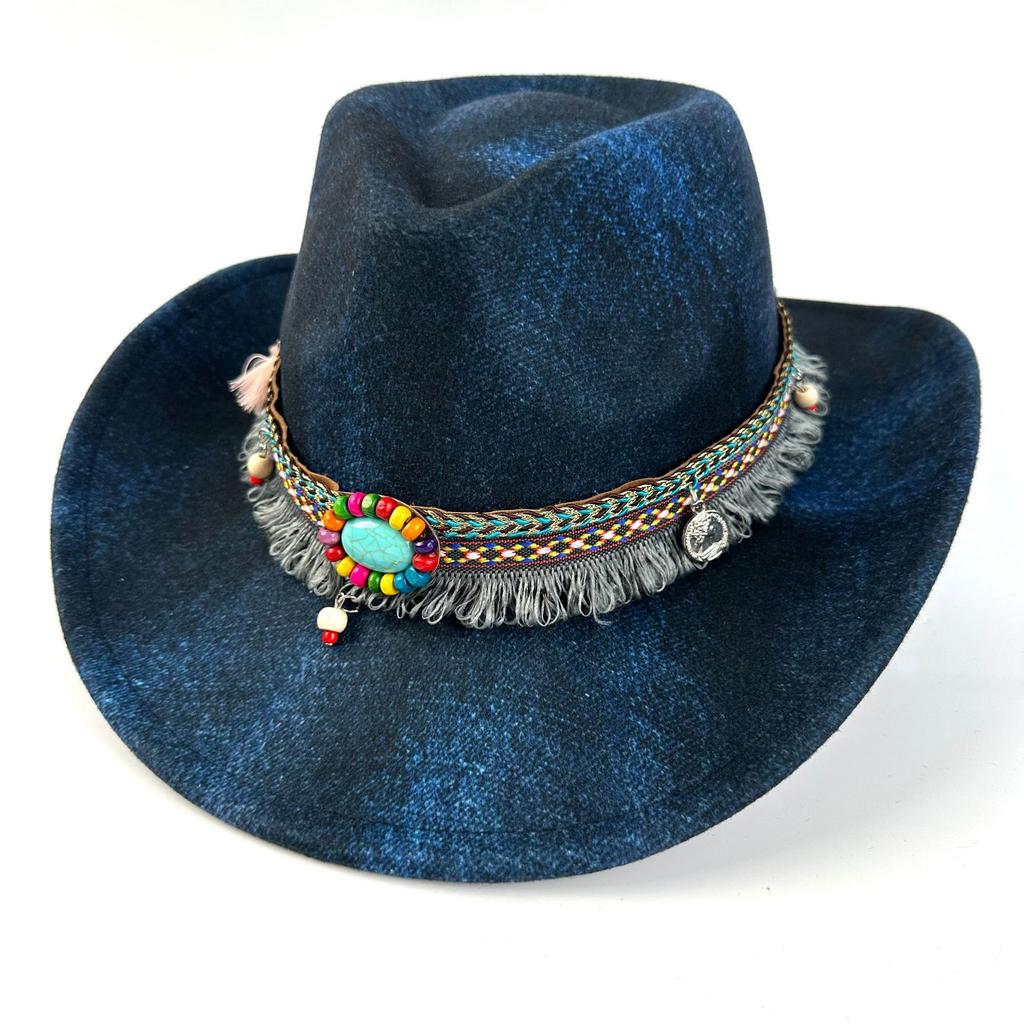 Außenhandel Minderheit Zylinder Fransen Western Cowboyhut Jazzhut Türkisfarbener Filzhut Outdoor Sonnenschutzhut