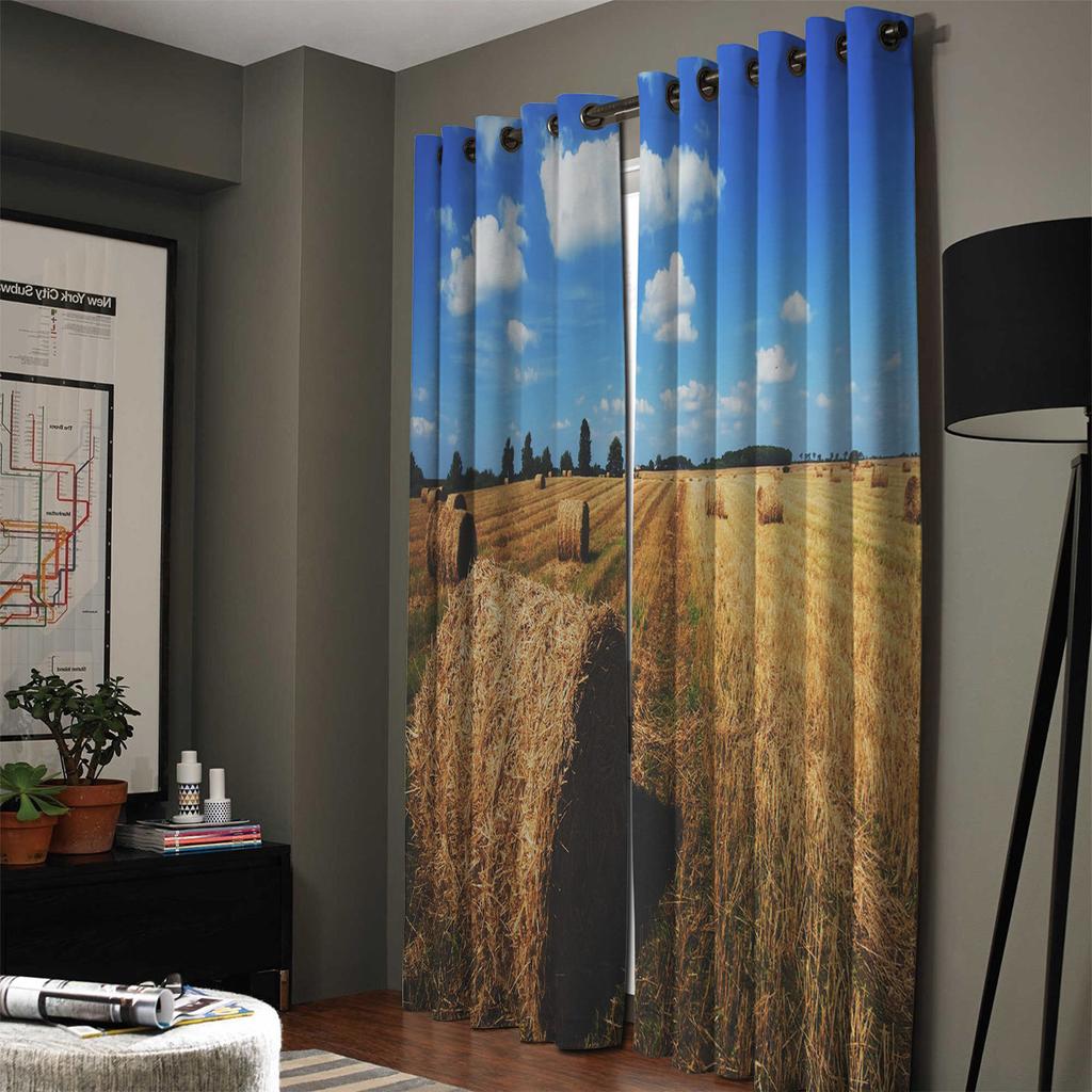 Bauernhof Herbst Blauer Himmel Weiße Wolken Bäume Landhaus Fenster Vorhänge Landschaftliche Vorhänge für Wohnzimmer Dekorative Gegenstände Wohnzimmer