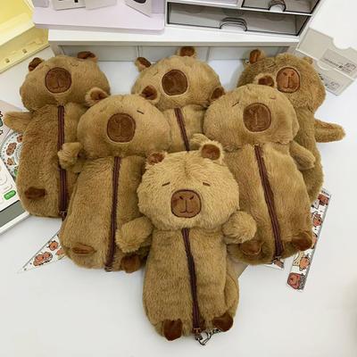 Capybara Shape Plush Pencil Case with Lanyard Large Capacity Zipper Pens Stationery Cosmetics Organizer