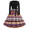 Women's Casual Halloween Print Dress Long Sleeve Round Neck Vintage Style Midi Dress with Waist Tie for Seasonal Festive Wear