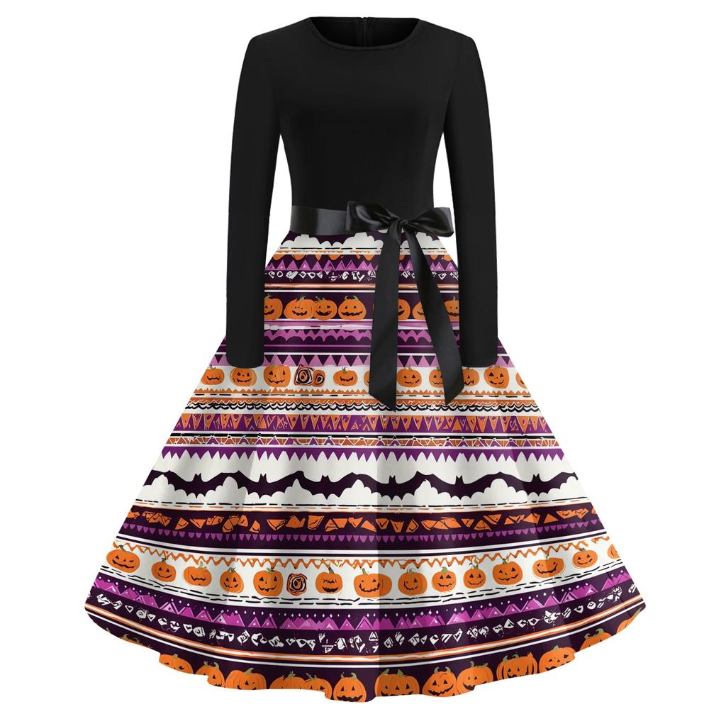 Women's Casual Halloween Print Dress Long Sleeve Round Neck Vintage Style Midi Dress with Waist Tie for Seasonal Festive Wear