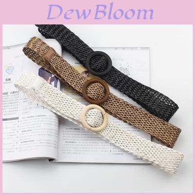 Womens Woven Cotton Linen Belt With Round Wooden Buckle For Casual Dress Fashion