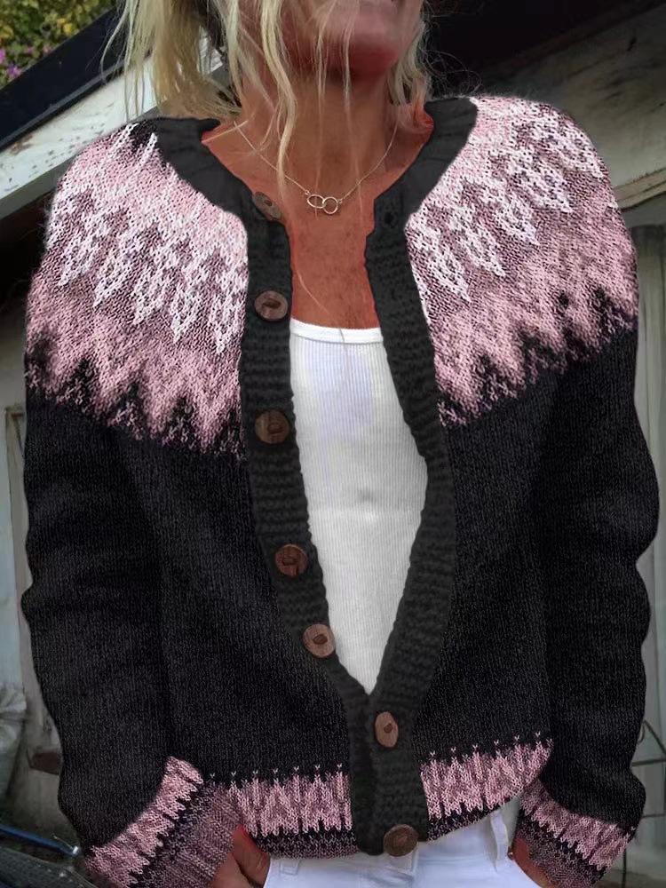 Women's Pink V-Neck Knit Cardigan with Jacquard Floral Pattern