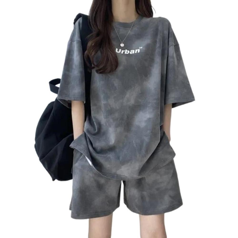 Letter Two-piece Tracksuit Large Size Summer Loose Suit Short Sleeve T-shirt Shorts  Female