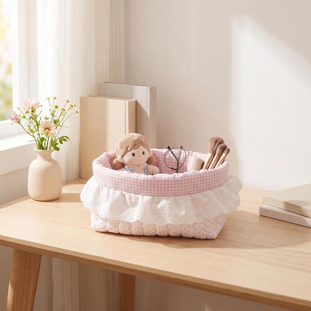 Quilted Textile Basket Gingham Lining Lace Trim Dotted Pattern for Desk