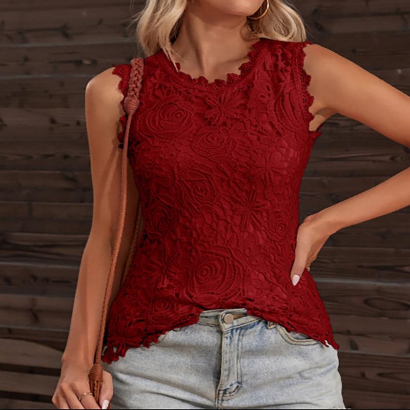 Sleeveless Lace Embroidery Elegant Shirt Woman Summer 2022 Fashion Clothing Casual Blouse Women Slim O Neck Tops Mujer  25946